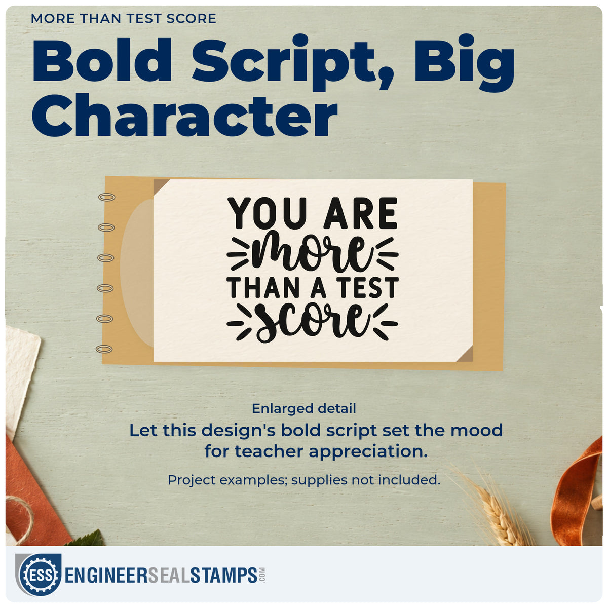 Enlarged detail of the More Than Test Score Slim Pre-Inked Stamp imprint. “You Are More Than a Test Score” mixes bold capitals, script, and accent rays.