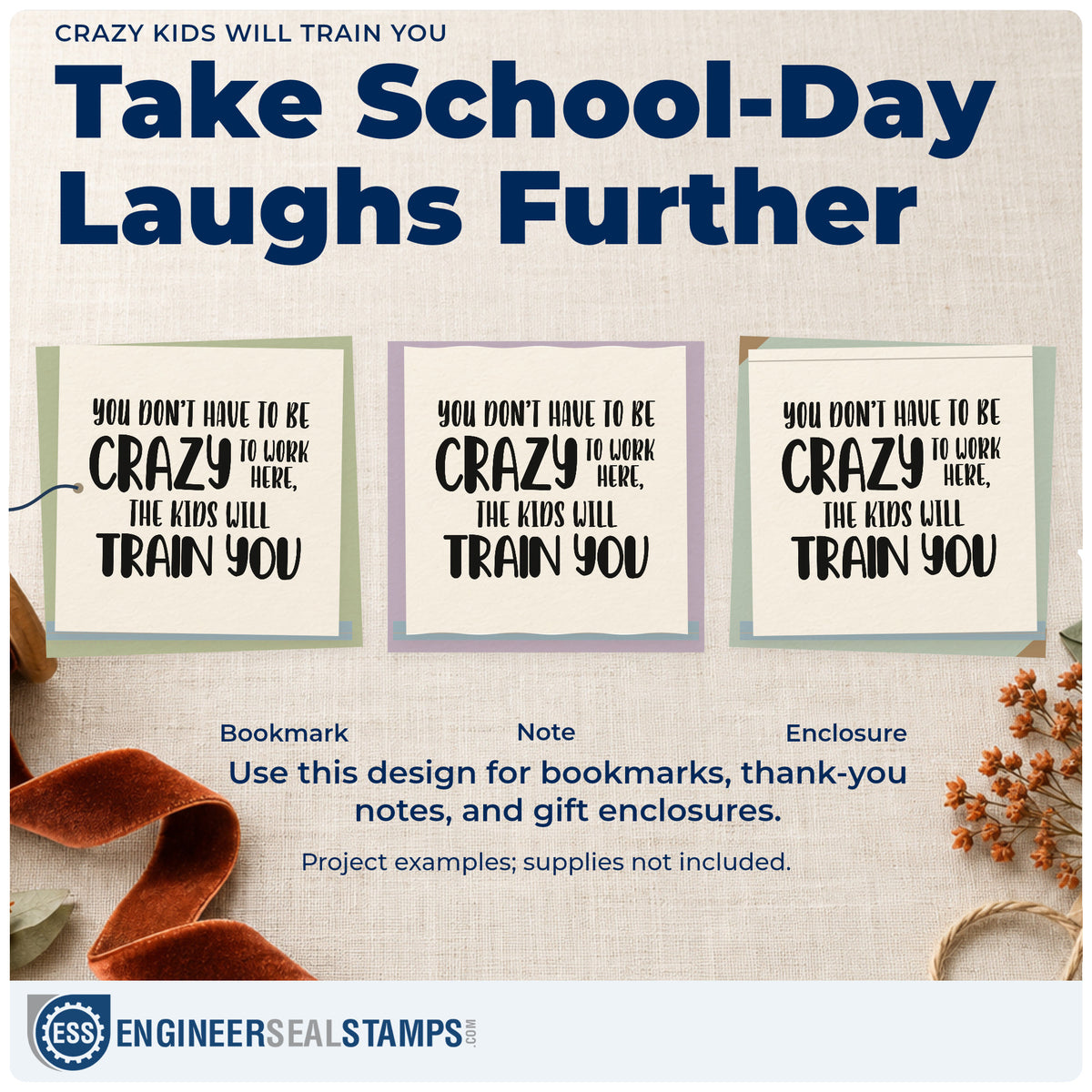 Three project examples made with the Crazy Kids Will Train You Lettering Stamp – PSI Pre-Inked, including sanity tin labels.