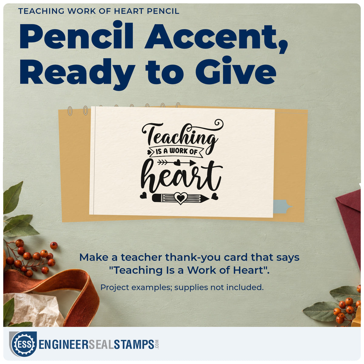 A finished handmade project stamped with the Slim Pre-Inked Teaching Work Of Heart Pencil Arrow Stamp, ideal for service pin tags.