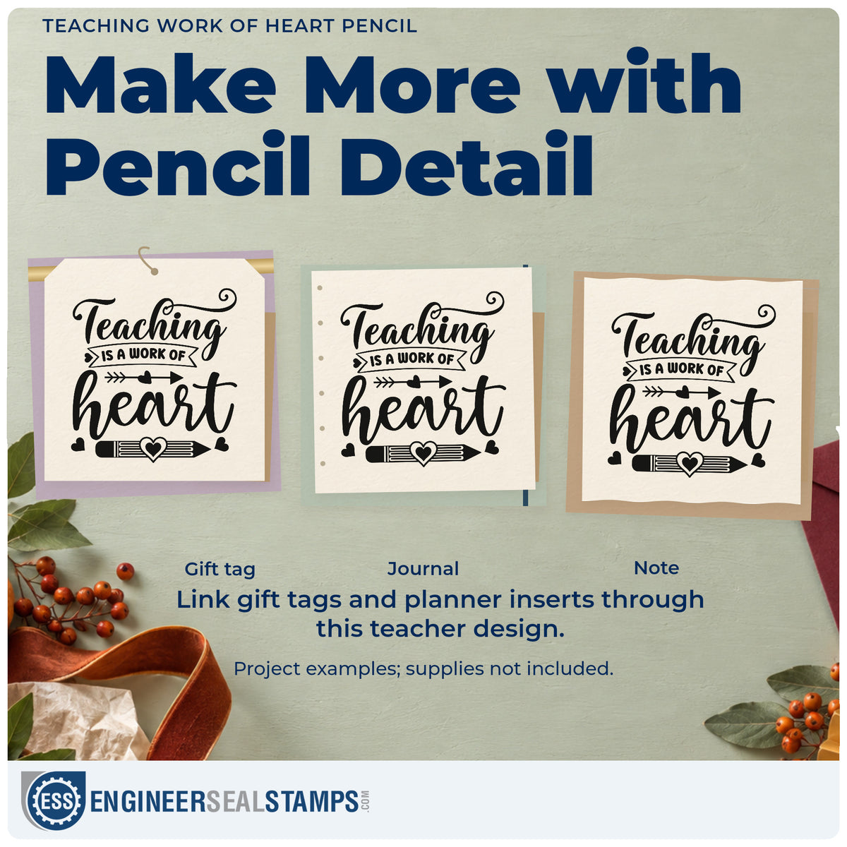 Three project examples made with the Teaching Work Of Heart Pencil Arrow Rubber Stamp – Duo Hand, including display case labels.
