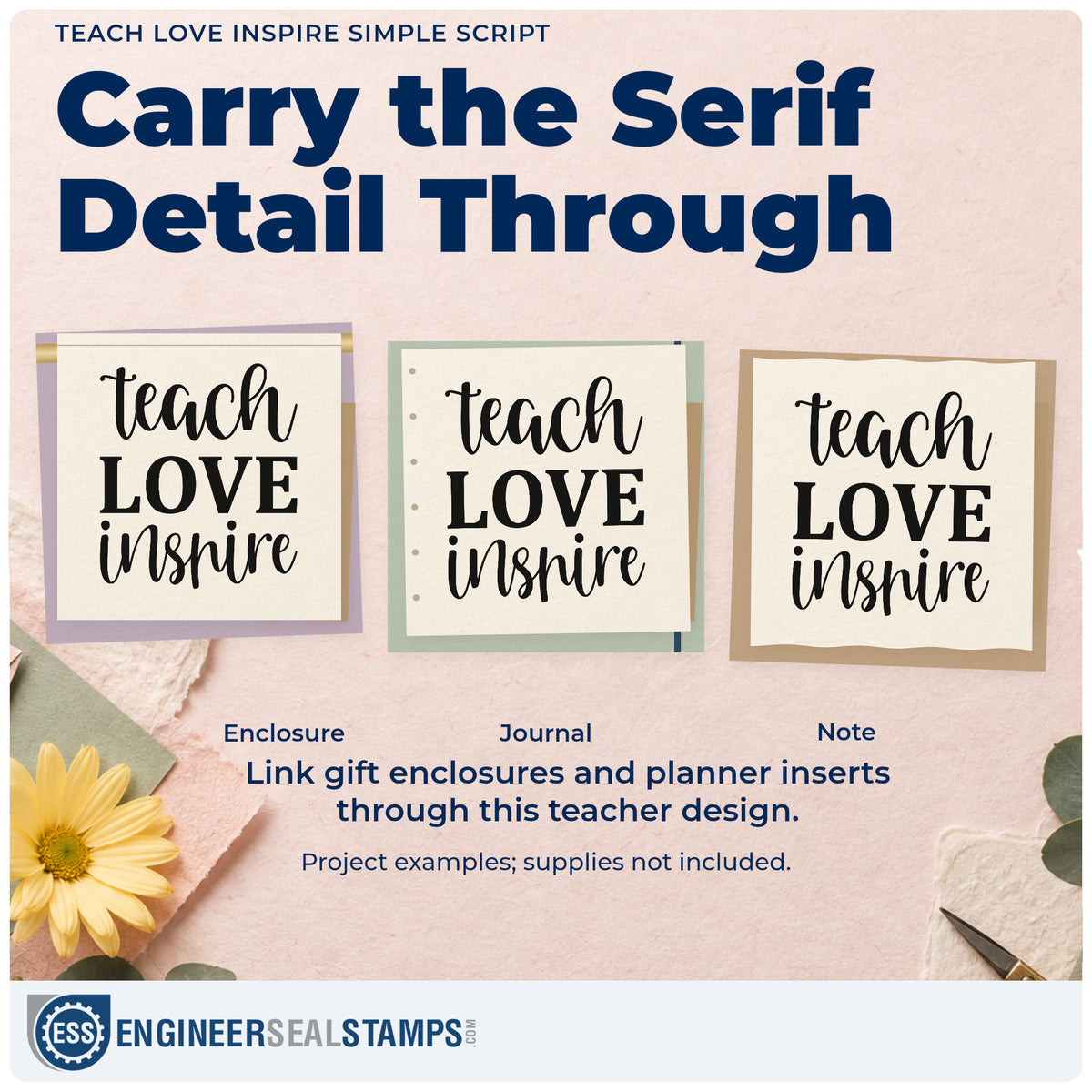 Three project examples made with the Teach Love Inspire Simple Script Wood-Mounted Rubber Stamp, including folder spine labels.