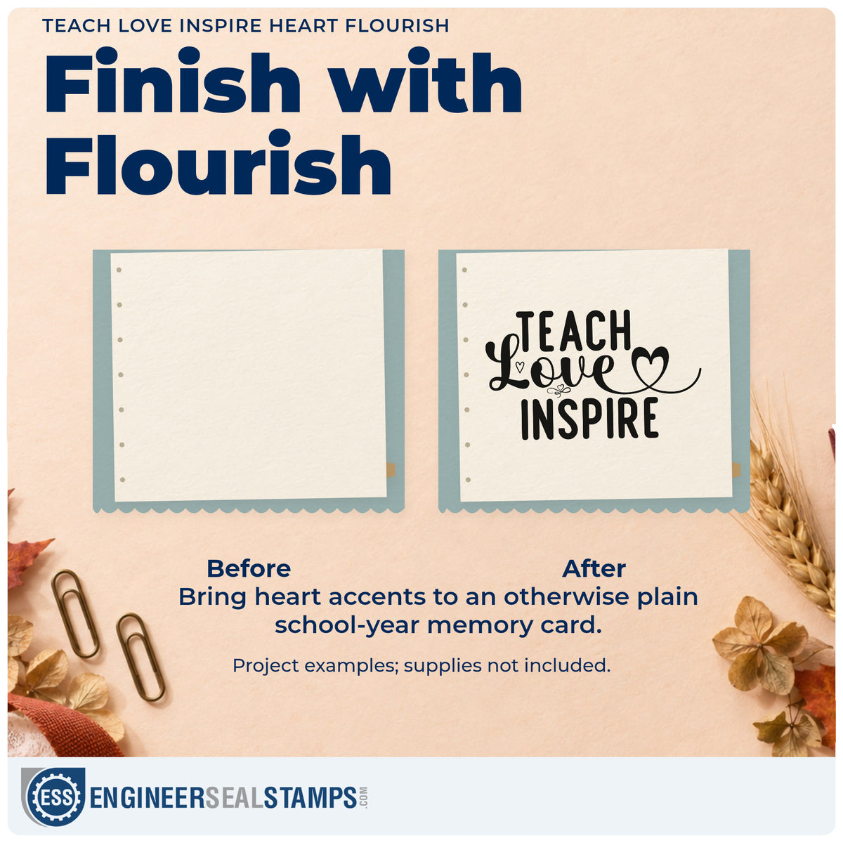 Before and after of a plain item finished with the Self-Inking Teach Love Inspire Heart Flourished Lettering Stamp, a quick upgrade for envelope wax seals.