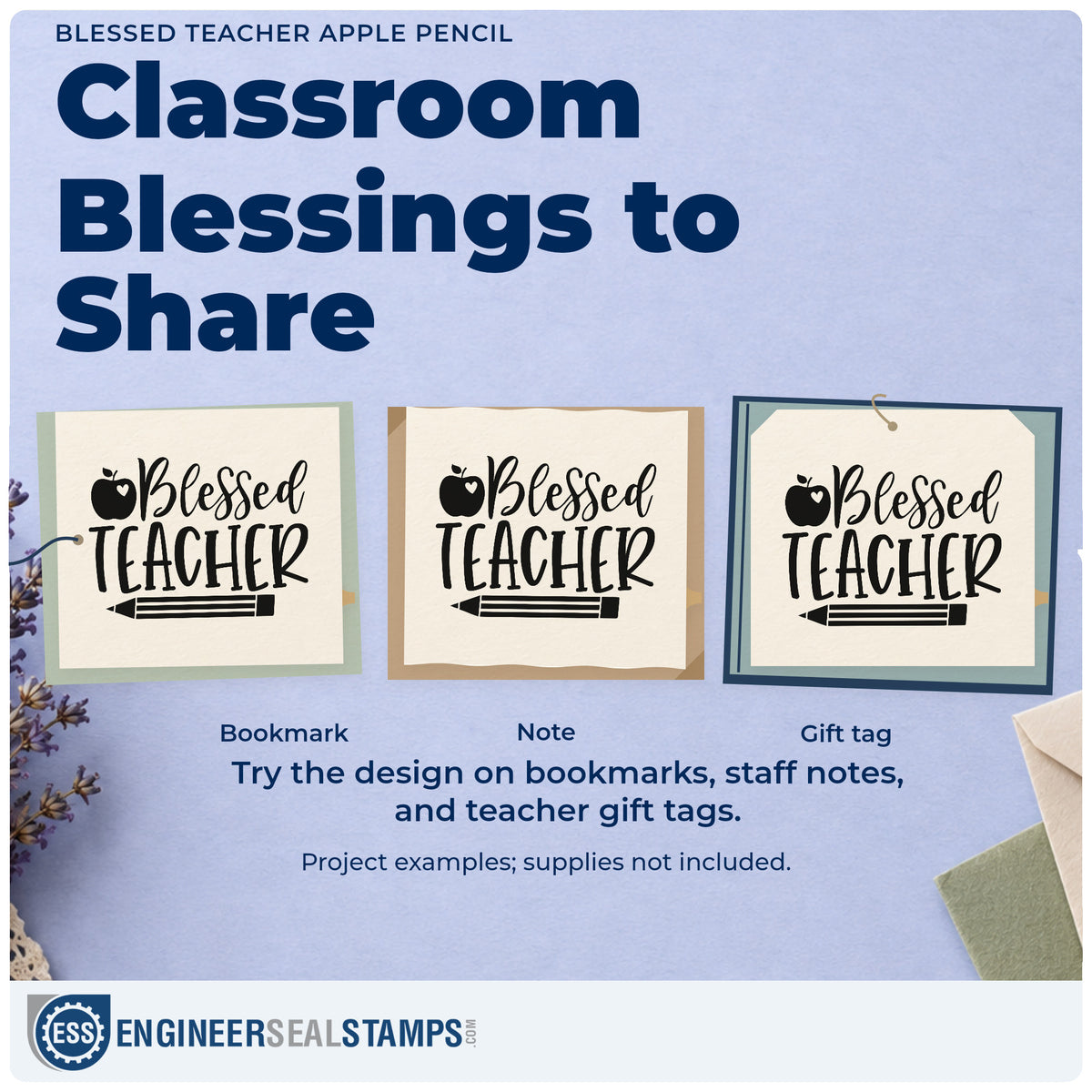 Three project examples made with the Teacher Blessings Apple And Pencil Stamp – Self-Inking, including bible shelf labels.