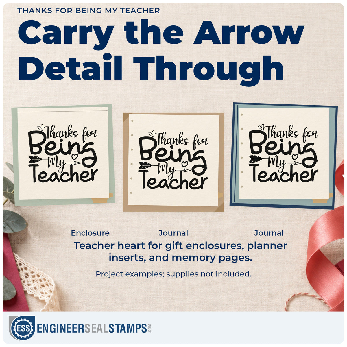 Three project examples made with the Thanks For Being My Teacher Stamp – Self-Inking, including post box labels.