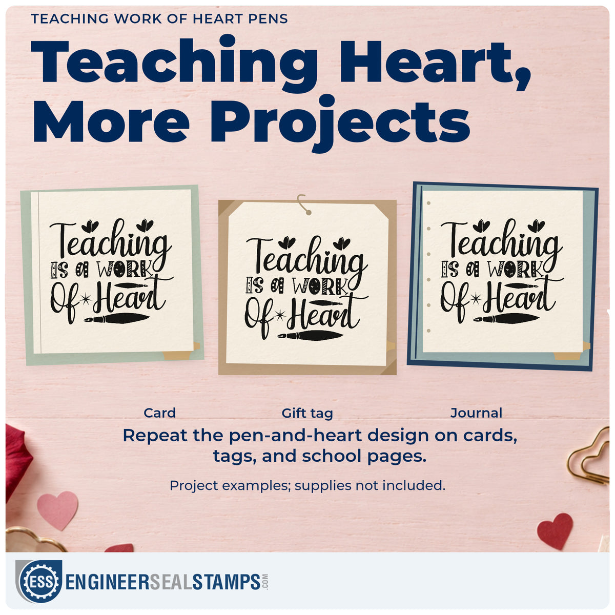 Three project examples made with the Work Of Heart With Two Fountain Pens Slim Pre-Inked Stamp, including ink well labels.