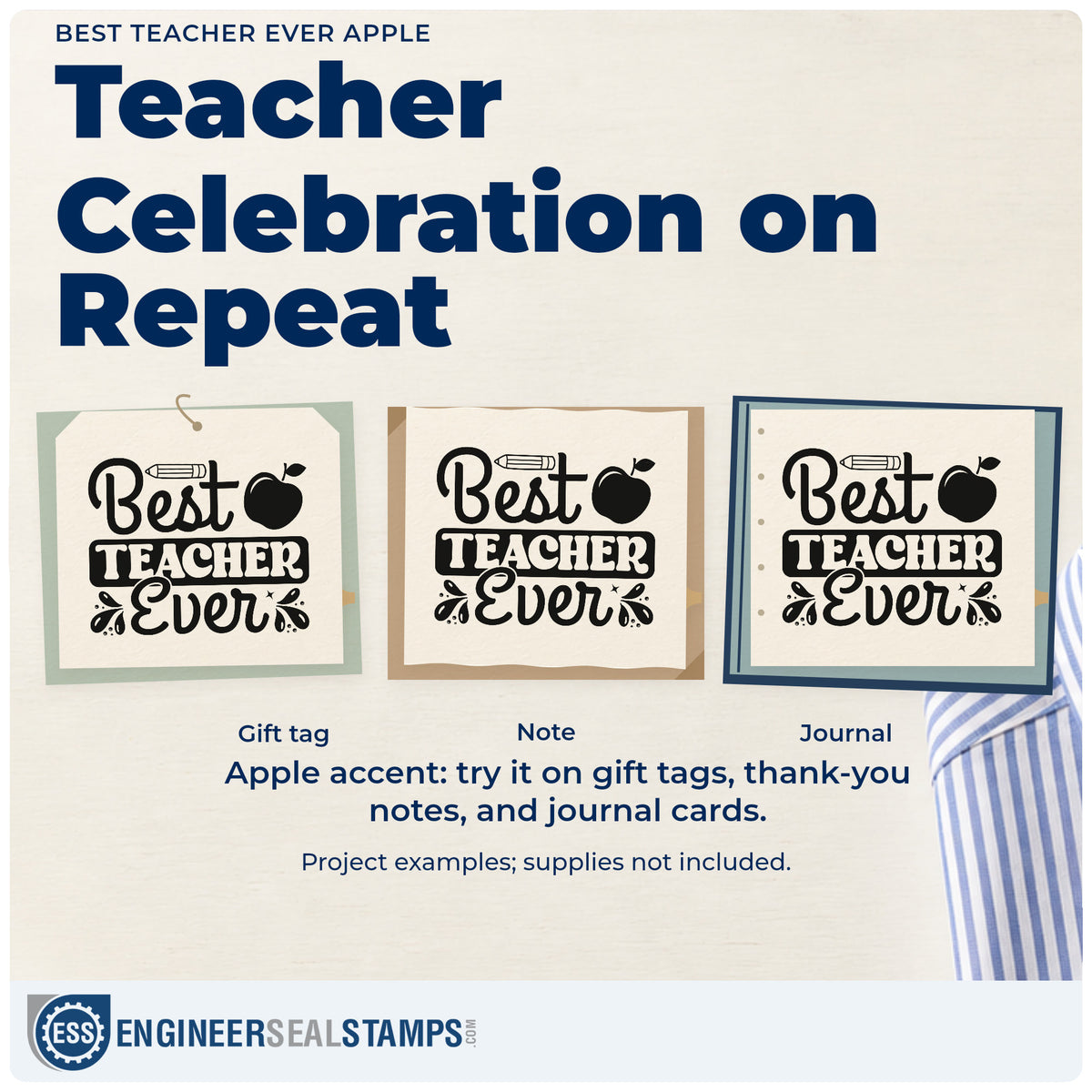 Three project examples made with the Best Teacher Ever Apple Pencil Hand Stamp – Duo, including trophy shelf labels.