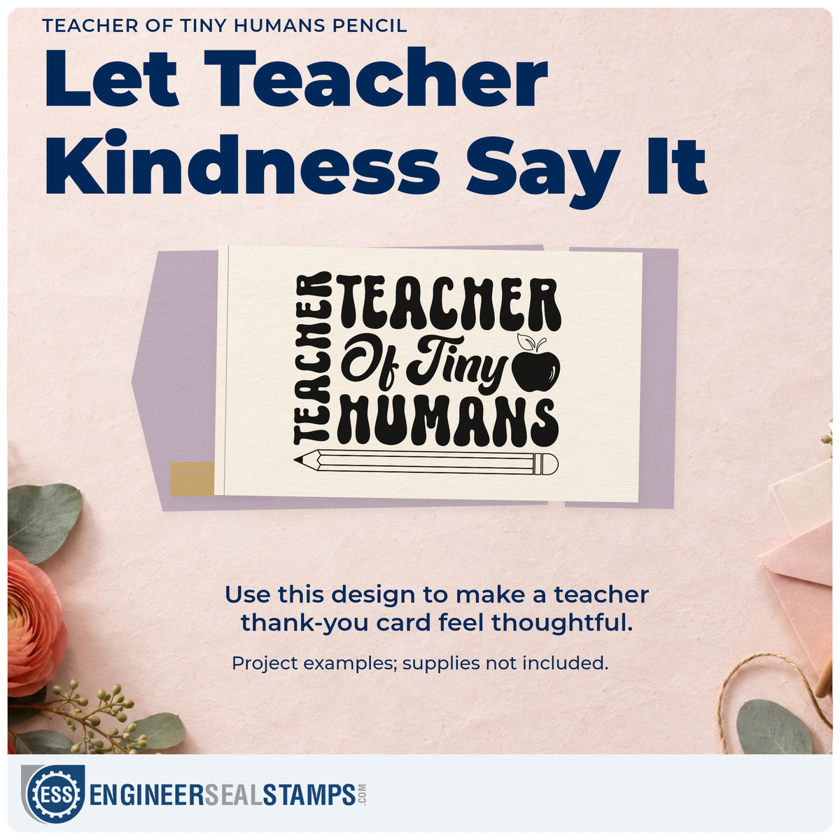 A finished handmade project stamped with the Teacher Of Tiny Humans Pencil Duo Hand Stamp, ideal for key person tags.