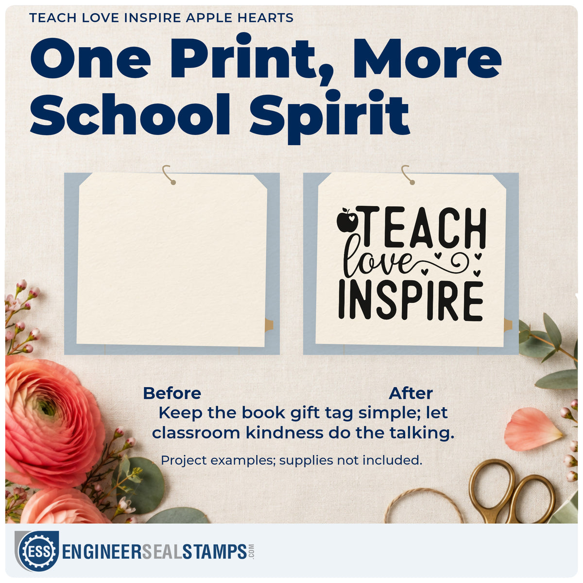 Before and after of a plain item finished with the Teach Love Inspire Apple Hearts Stamp – Duo Hand, a quick upgrade for seed pack seals.