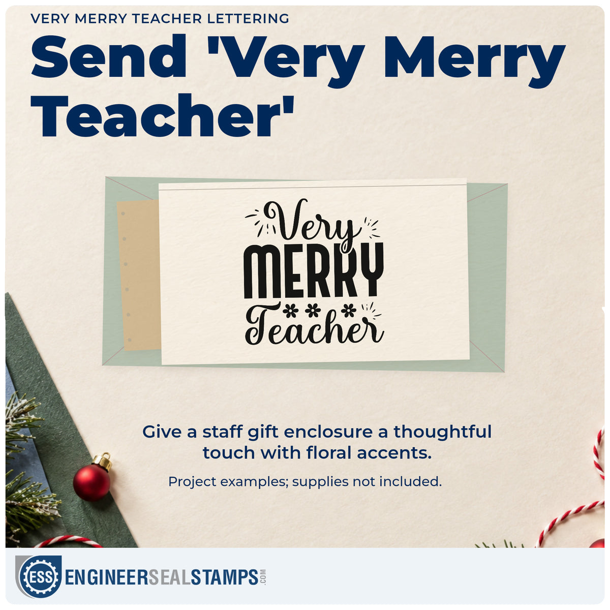 A finished handmade project stamped with the Very Merry Teacher Lettering Craft Stamp – Self-Inking, ideal for advent gift tags.
