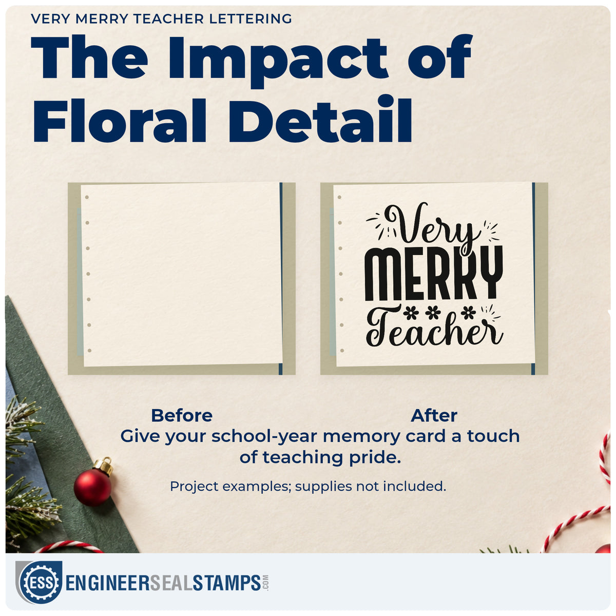 Before and after of a plain item finished with the Very Merry Teacher Lettering Craft Stamp – Self-Inking, a quick upgrade for cracker tube seals.