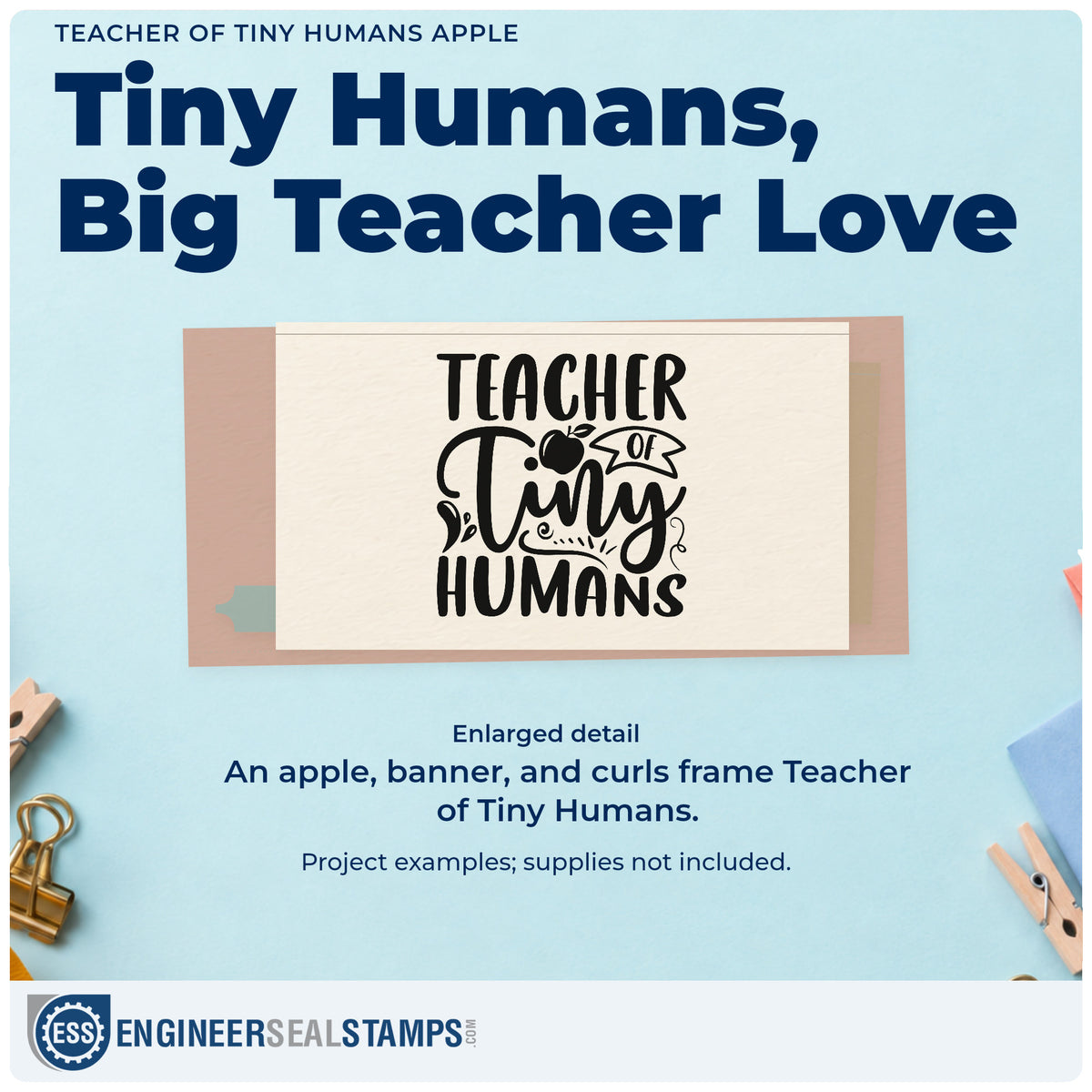 Enlarged detail of the Teacher Of Tiny Humans Apple Ribbon Lettering Compact Pre-Inked Stamp – Slim imprint. “Teacher of Tiny Humans” features an apple, a small banner, and ornamental curls.