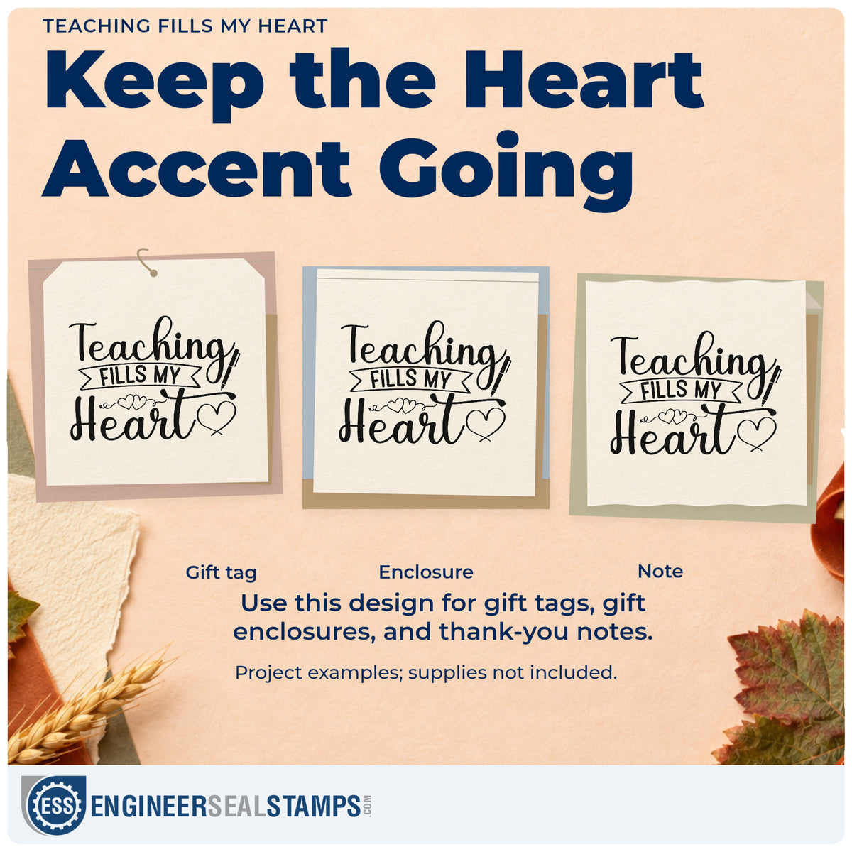 Three project examples made with the Teaching Fills My Heart Ribbon Lettering Pre-Inked Stamp – PSI, including treat tin labels.
