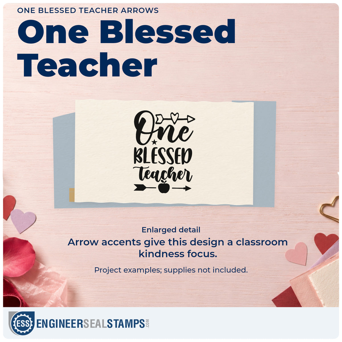Enlarged detail of the One Blessed Teacher Arrows Apple Wood Handle Stamp imprint. “One Blessed Teacher” features arrows, hearts, a star, and an apple.