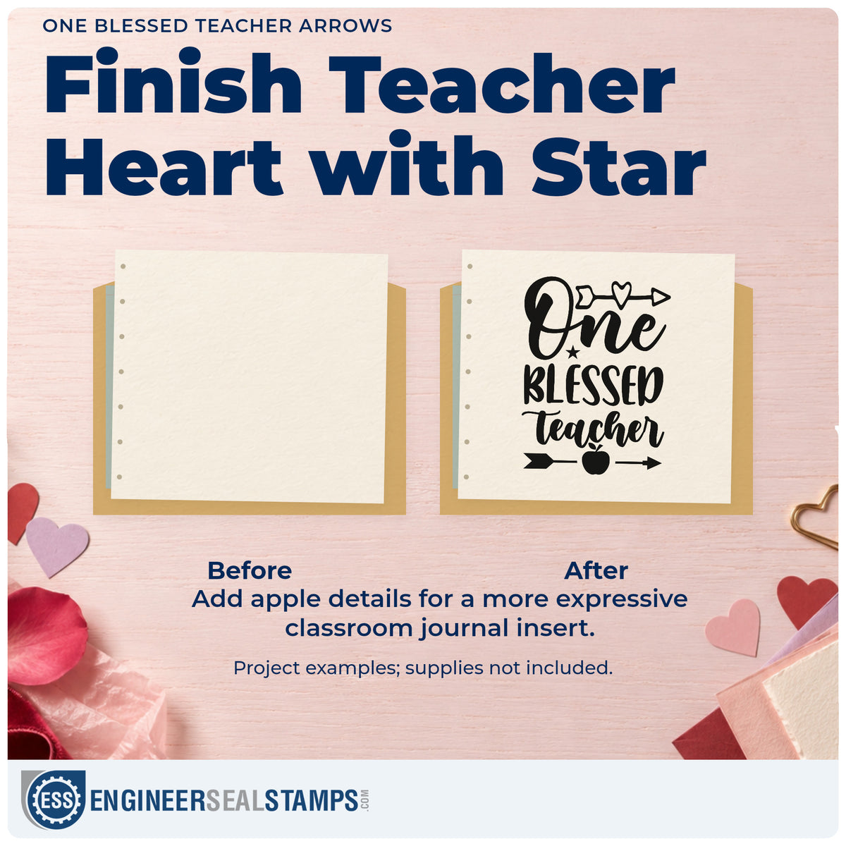Before and after of a plain item finished with the One Blessed Teacher Arrows Apple Premium Wooden Stamp – Vintage Pro, a quick upgrade for collection seals.