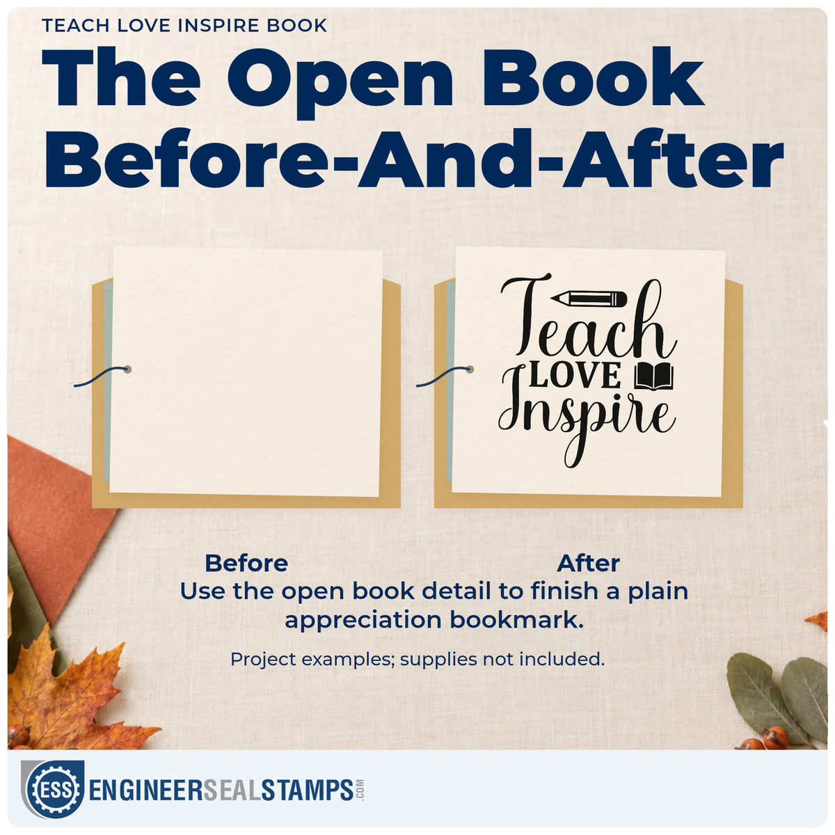 Before and after of a plain item finished with the Teach Love Inspire Book Pre-Inked Stamp – Slim, a quick upgrade for library card seals.