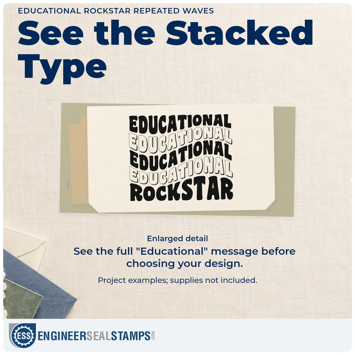 Enlarged detail of the Educational Rockstar Repeated Waves Pre-Inked Stamp – PSI imprint. Four wavy rows repeat “Educational” above bold “Rockstar.”