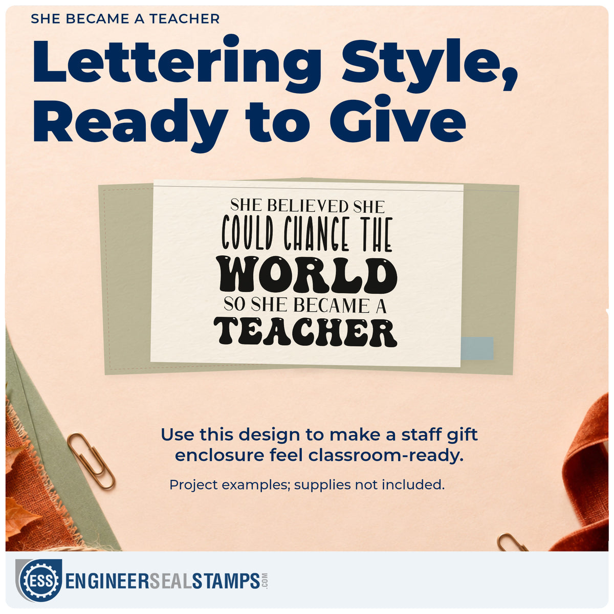 A finished handmade project stamped with the She Became A Teacher Lettering Stamp – Wood Handle, ideal for career change tags.