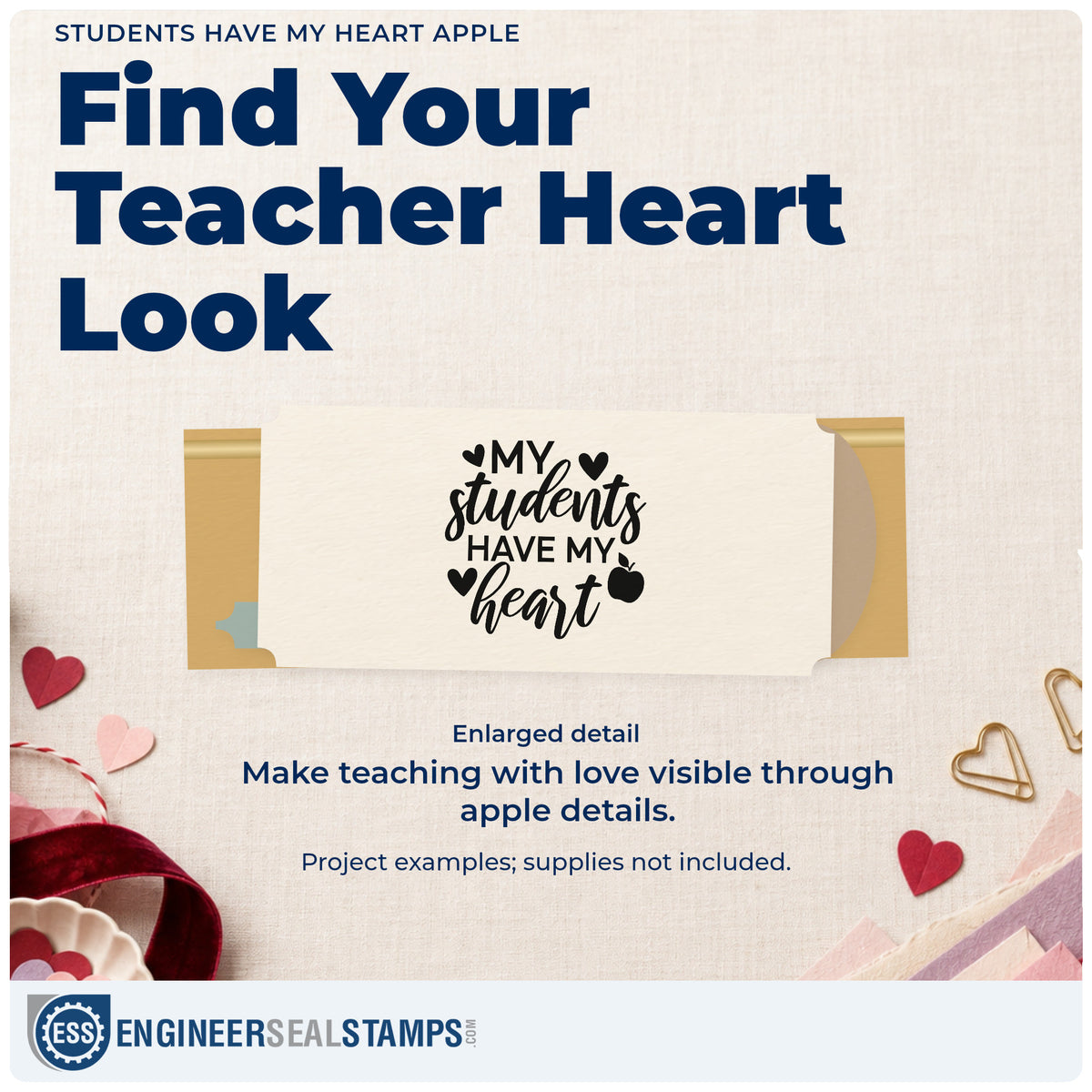 Enlarged detail of the My Students My Heart Apple Lettering Pre-Inked Stamp – Slim imprint. “My Students Have My Heart” is surrounded by hearts and an apple.