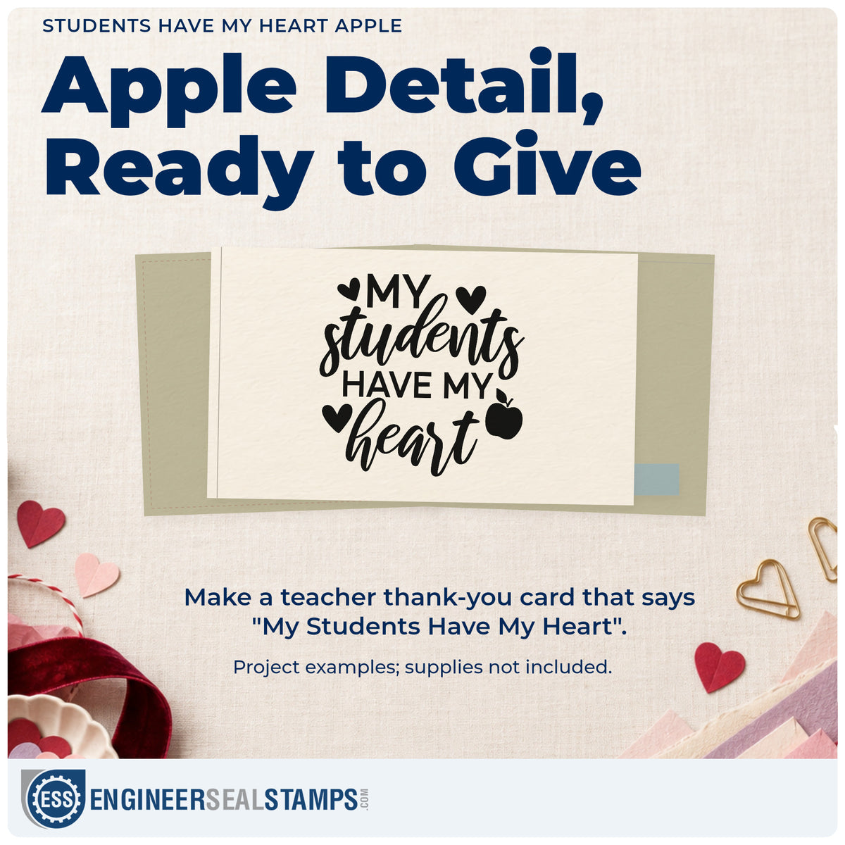 A finished handmade project stamped with the My Students My Heart Apple Lettering PSI Pre-Inked Stamp, ideal for memory book tags.