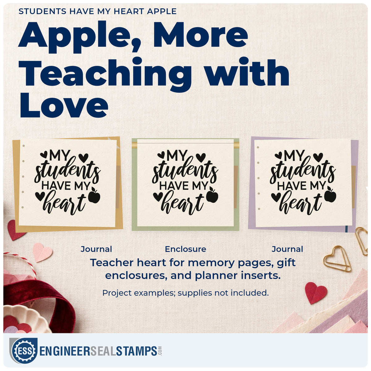 Three project examples made with the My Students My Heart Apple Lettering Wood-Mounted Rubber Stamp, including keepsake box labels.