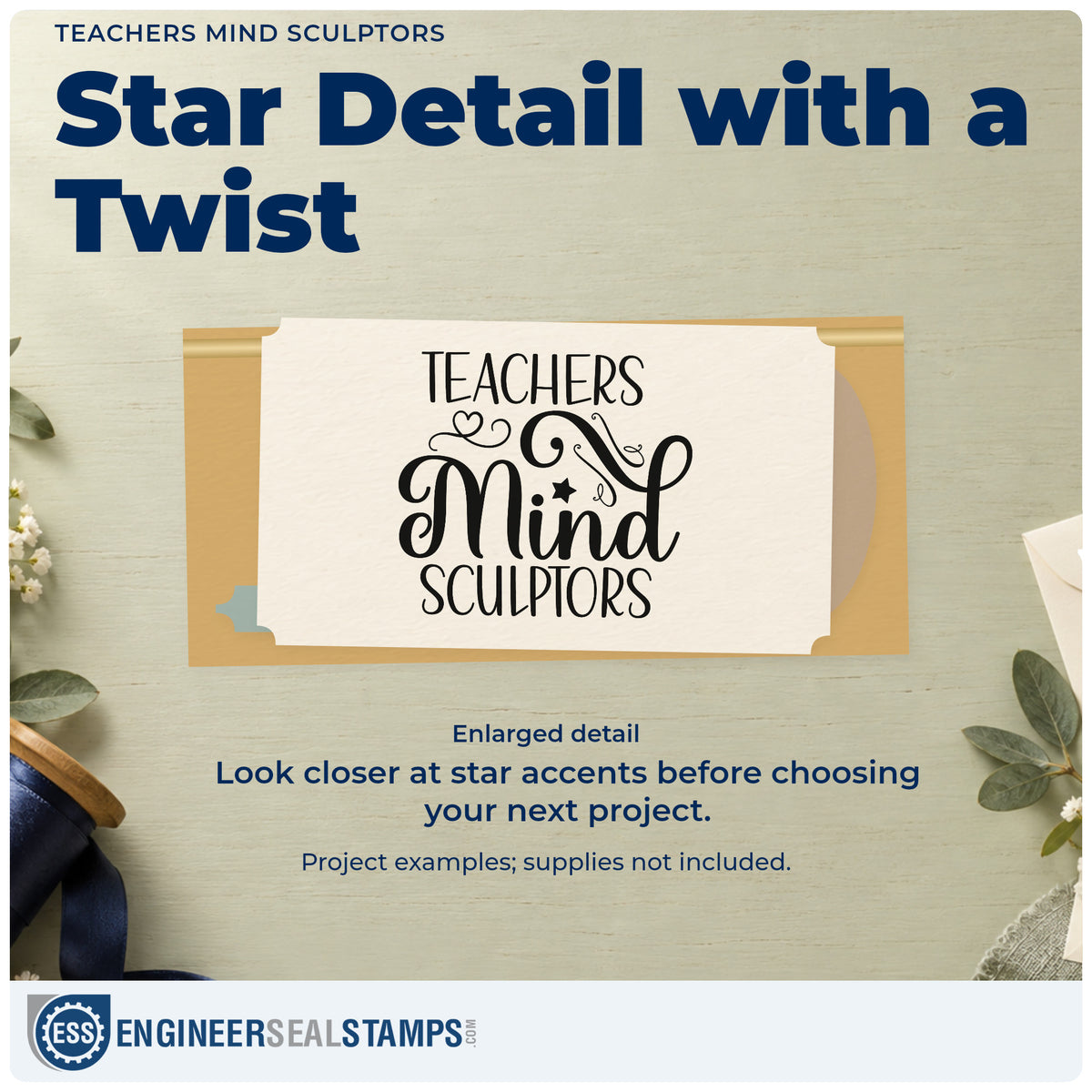 Enlarged detail of the Self-Inking Teachers Mind Sculptors With Stars Stamp imprint. “Teachers Mind Sculptors” appears with ornate curls, a heart, and a star.