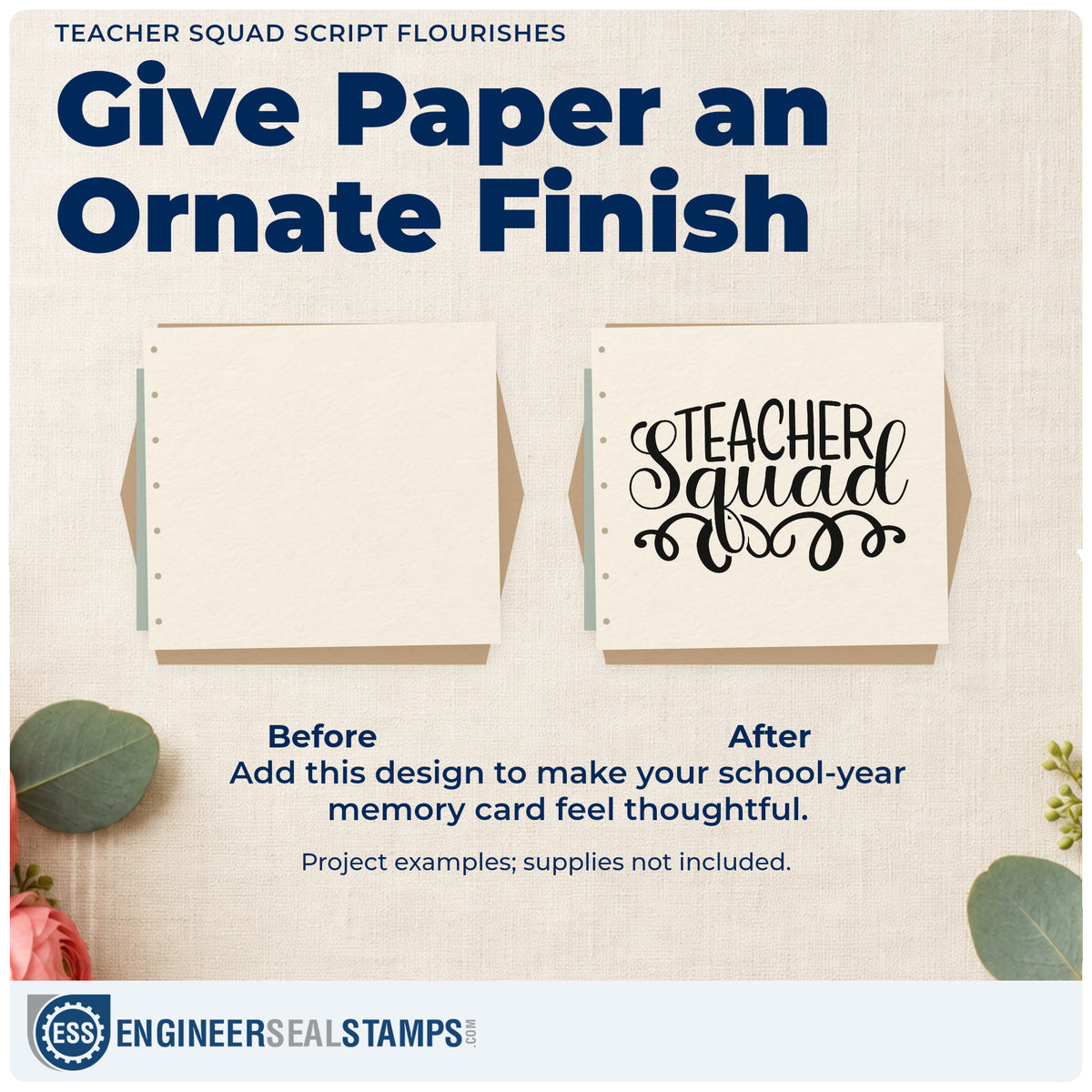 Before and after of a plain item finished with the Teacher Squad Script Flourishes Rubber Stamp – Duo Hand, a quick upgrade for invite card seals.