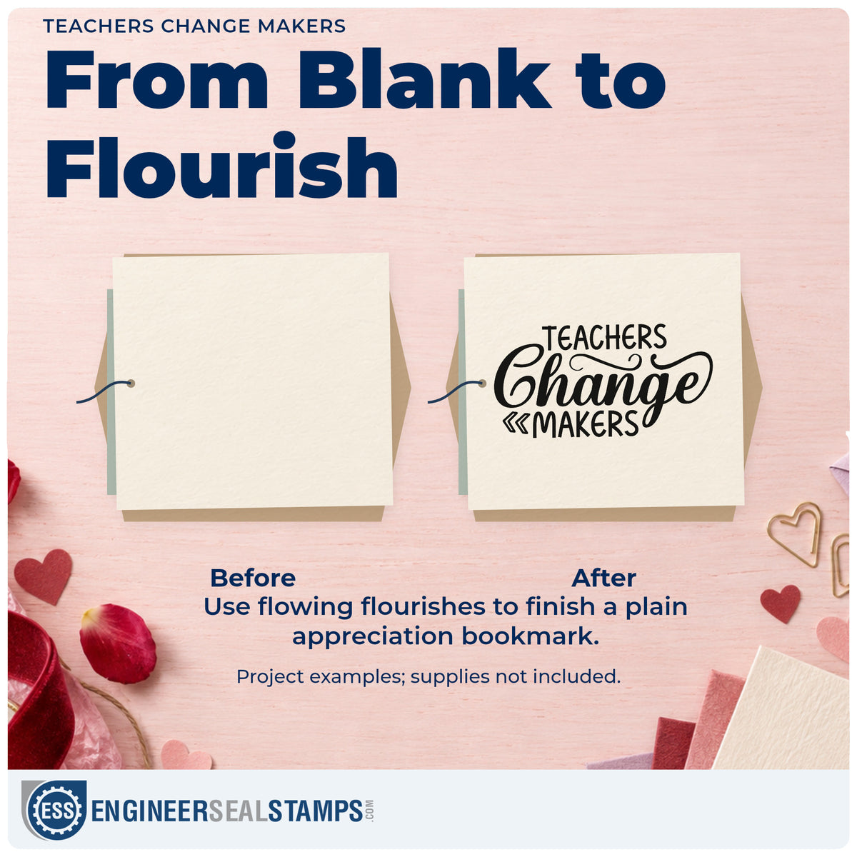 Before and after of a plain item finished with the Teachers Change Makers Script Lettering Slim Pre-Inked Stamp, a quick upgrade for pitch deck seals.