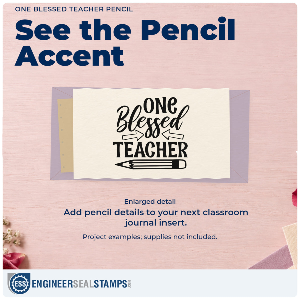 Enlarged detail of the One Blessed Teacher Pencil Arrow Rubber Stamp – Wood Handle imprint. “One Blessed Teacher” features two outlined arrows and a large pencil below.