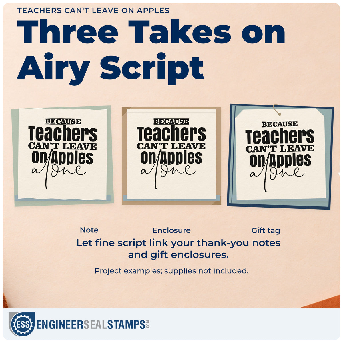 Three project examples made with the Because Teachers Can't Leave On Apples Alone Stamp – PSI Pre-Inked, including chutney jar labels.