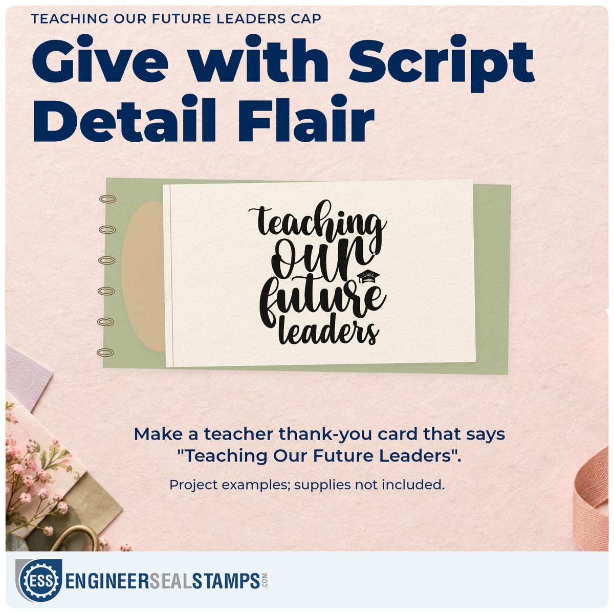 A finished handmade project stamped with the Teaching Our Future Leaders Cap Stamp – Slim Pre-Inked, ideal for gown hire tags.