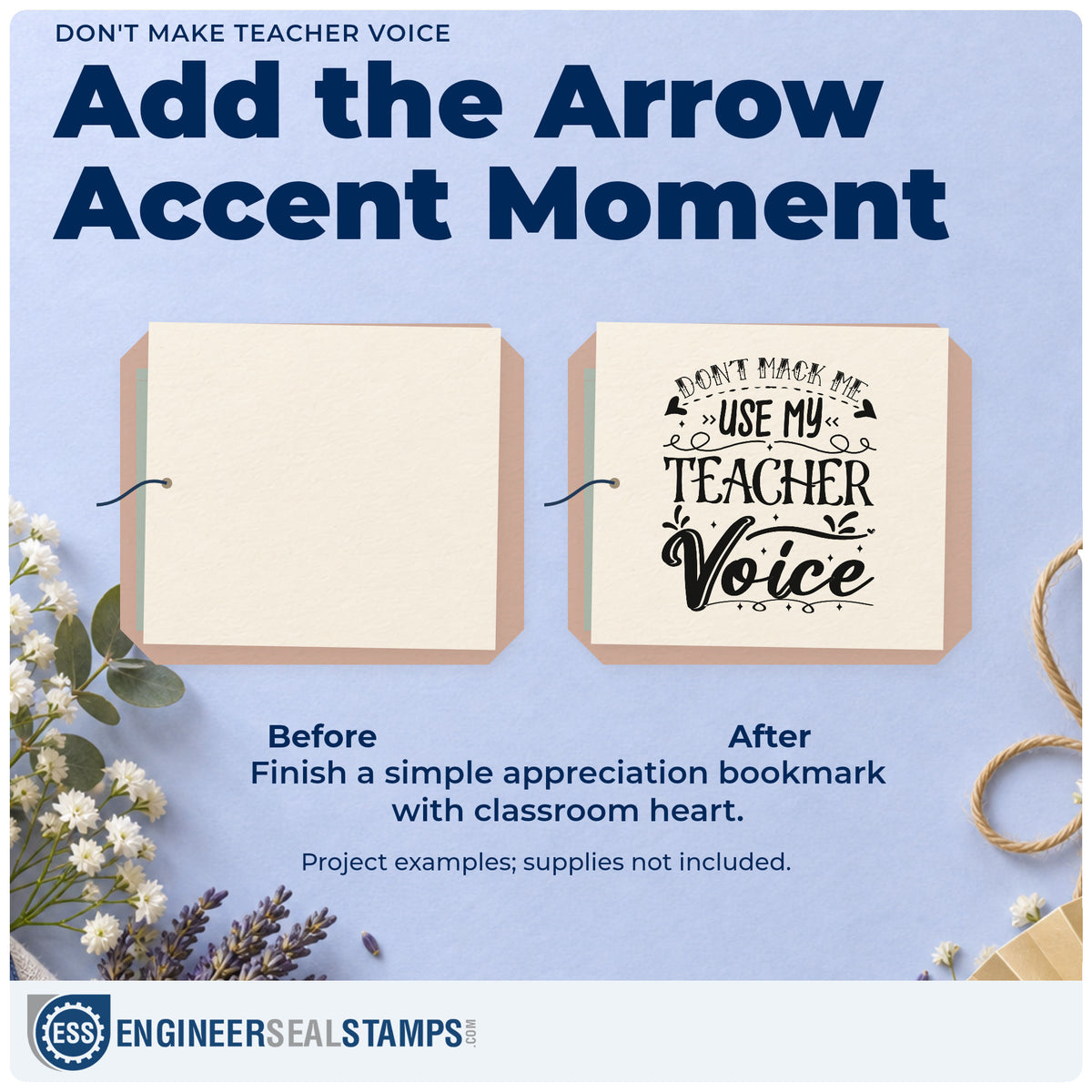 Before and after of a plain item finished with the Don't Make Me Use My Teacher Voice Stamp – Premium Vintage Pro Wooden, a quick upgrade for script fold seals.