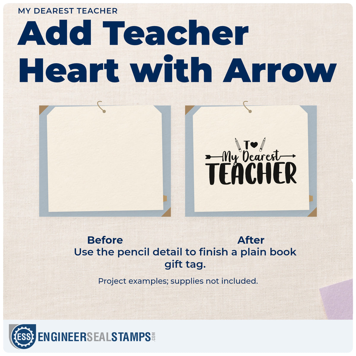 Before and after of a plain item finished with the My Dearest Teacher Pencil Compact Pre-Inked Stamp – Slim, a quick upgrade for envelope tuck seals.