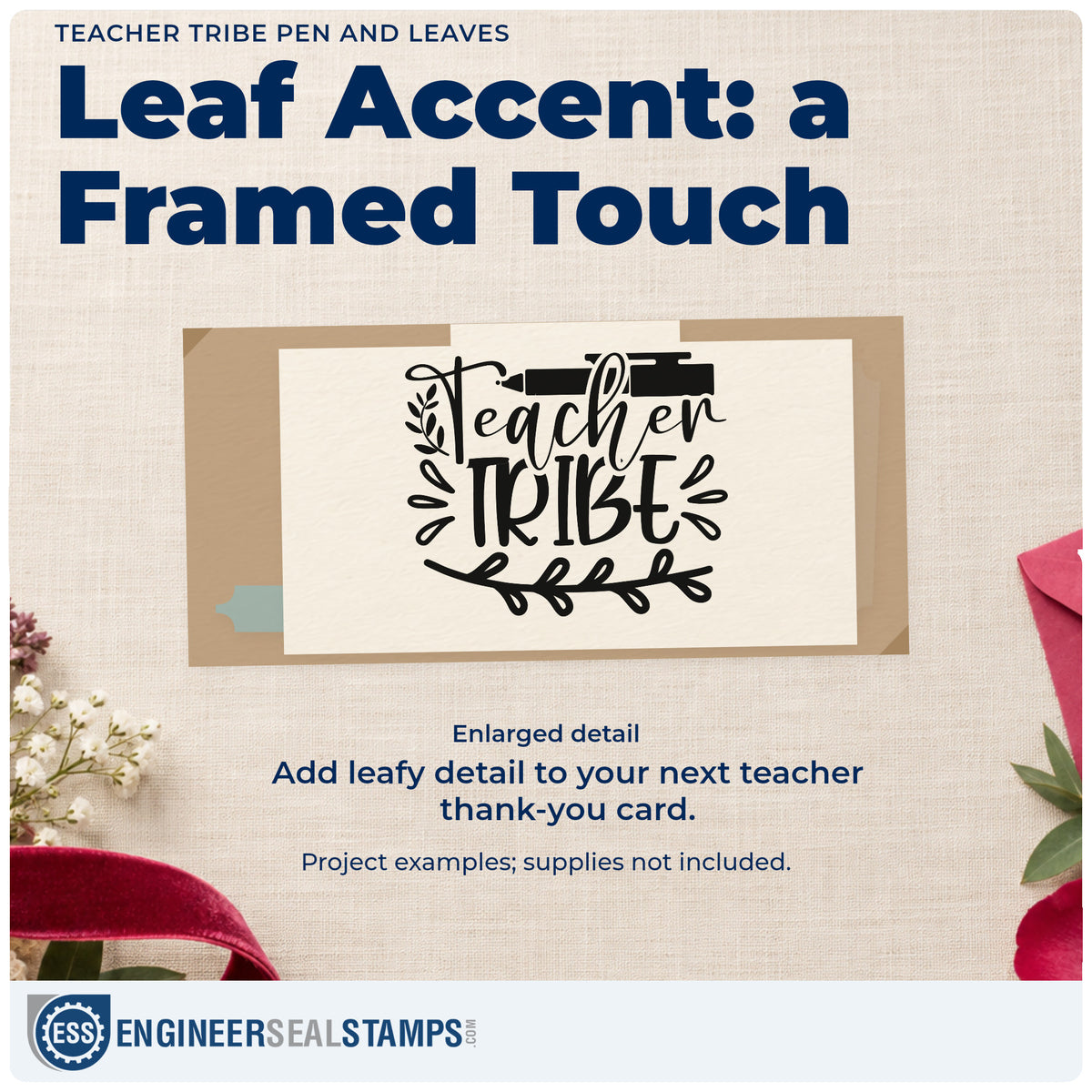 Enlarged detail of the Teacher Tribe Pen And Leaves Stamp – Self-Inking imprint. “Teacher Tribe” is framed by leafy branches and a horizontal pen above.