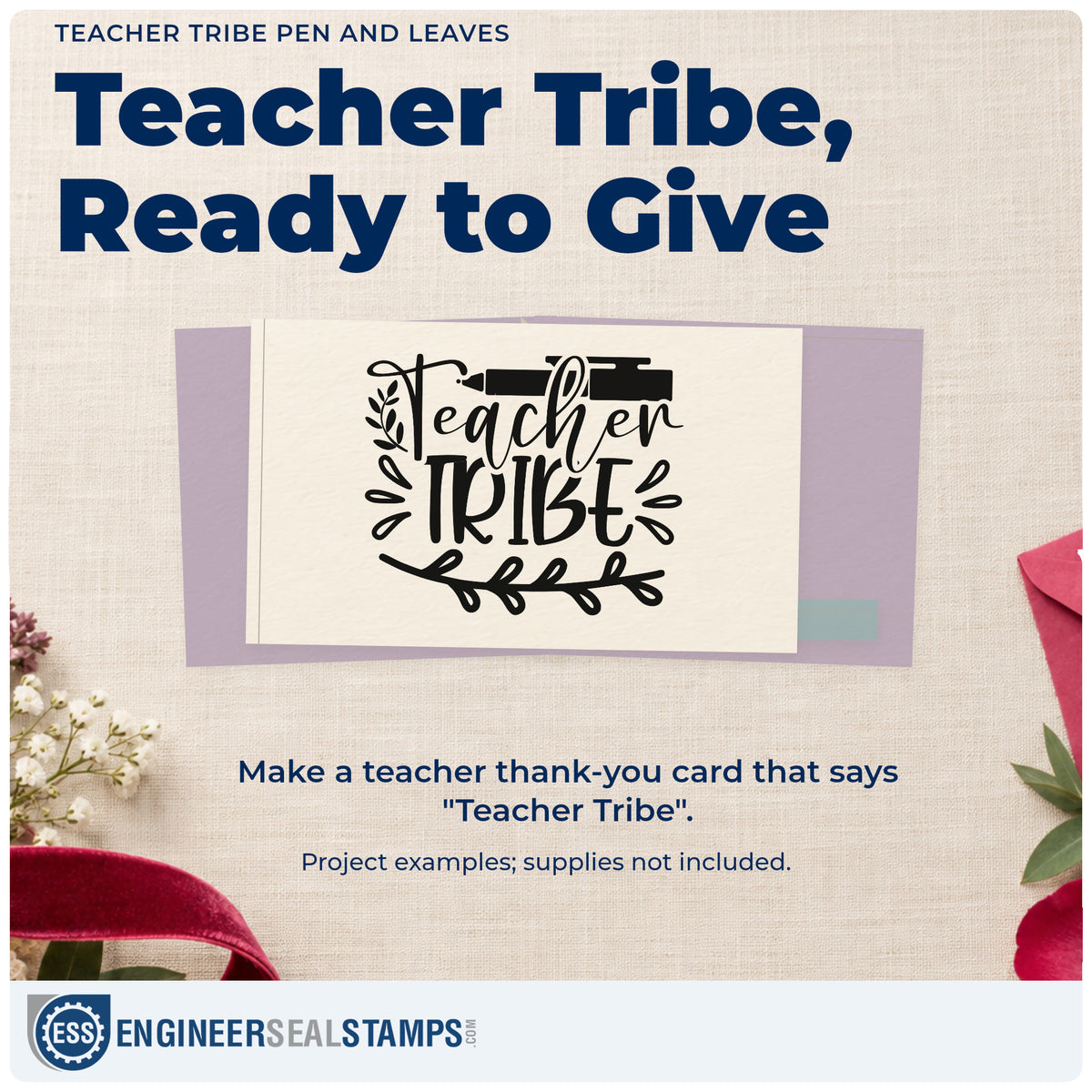 A finished handmade project stamped with the Teacher Tribe Pen And Leaves Stamp – Self-Inking, ideal for allotment tags.