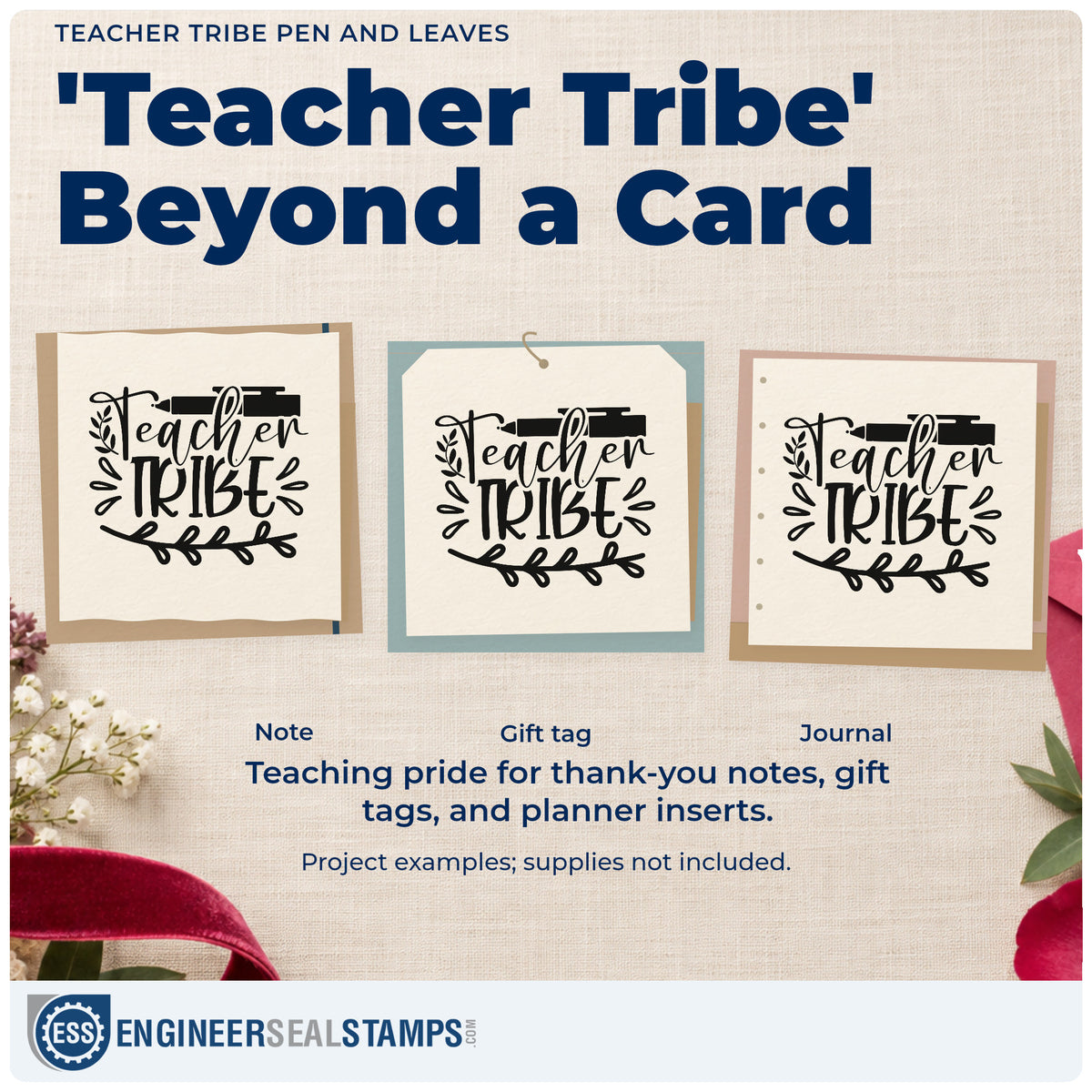 Three project examples made with the Teacher Tribe Pen And Leaves Duo Hand Stamp, including compost bin labels.
