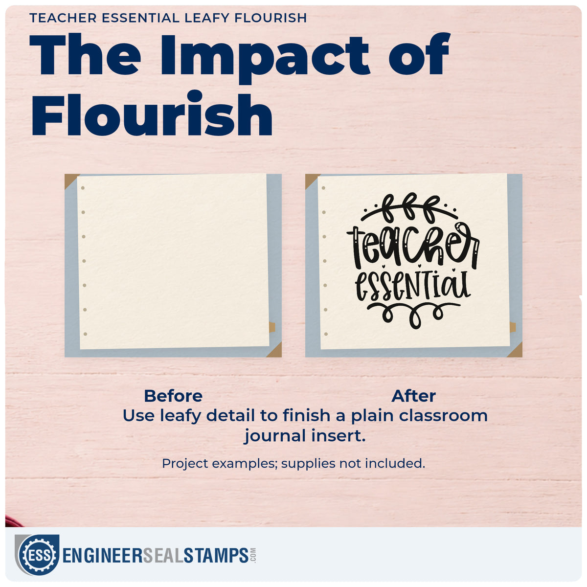Before and after of a plain item finished with the Teacher Essential Leafy Flourished Lettering Rubber Stamp – Duo Hand, a quick upgrade for bundle wrap seals.