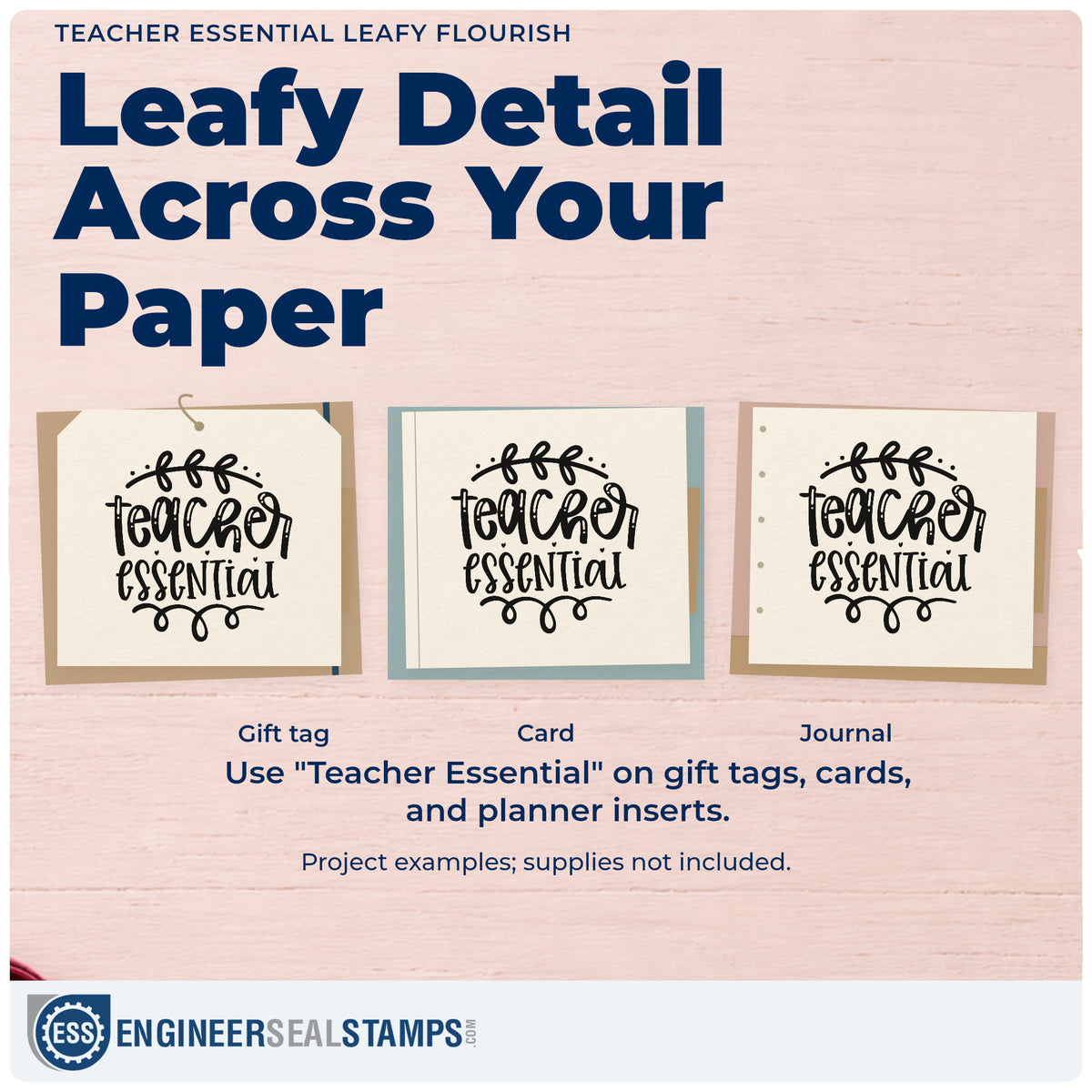 Three project examples made with the Teacher Essential Leafy Flourished Lettering Self-Inking Craft Stamp, including pencil tin labels.