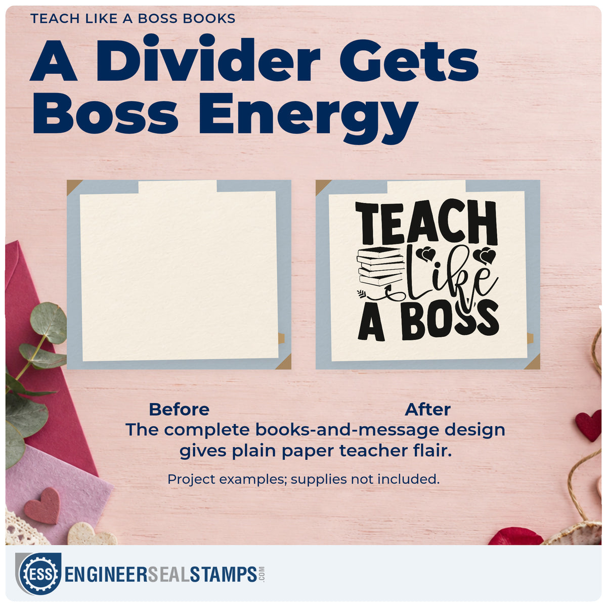 Before and after of a plain item finished with the Teach Like A Boss Books With Hearts Slim Pre-Inked Stamp, a quick upgrade for bookplate seals.