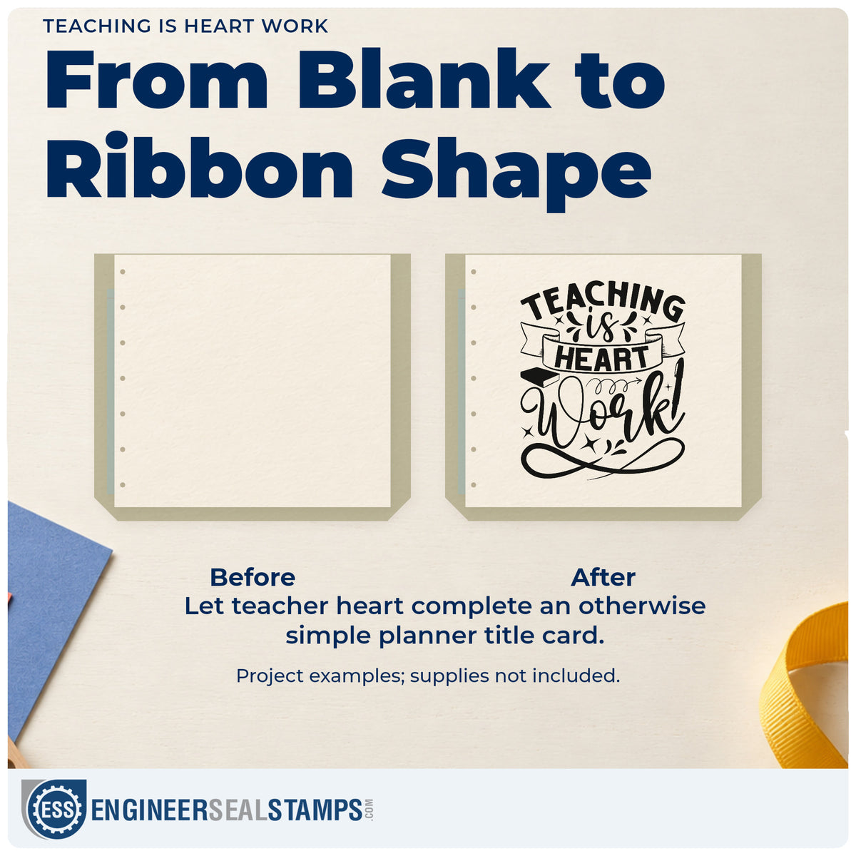Before and after of a plain item finished with the Teaching Is Heart Work With Stars Premium Wooden Stamp – Vintage Pro, a quick upgrade for minutes pack seals.
