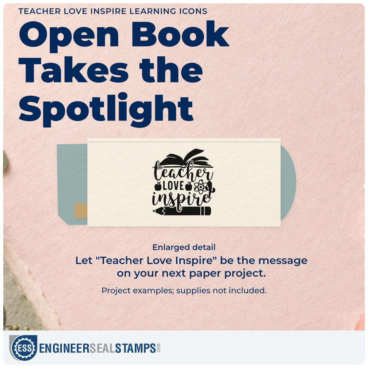 Enlarged detail of the Teacher Love Inspire Learning Icons Apple Rubber Stamp – Duo Hand imprint. “Teacher Love Inspire” features an open book, apples, atom symbol, and large pencil.