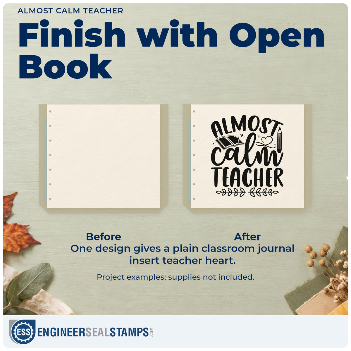 Before and after of a plain item finished with the Almost Calm Teacher Pre-Inked Stamp – Slim, a quick upgrade for tea pouch seals.