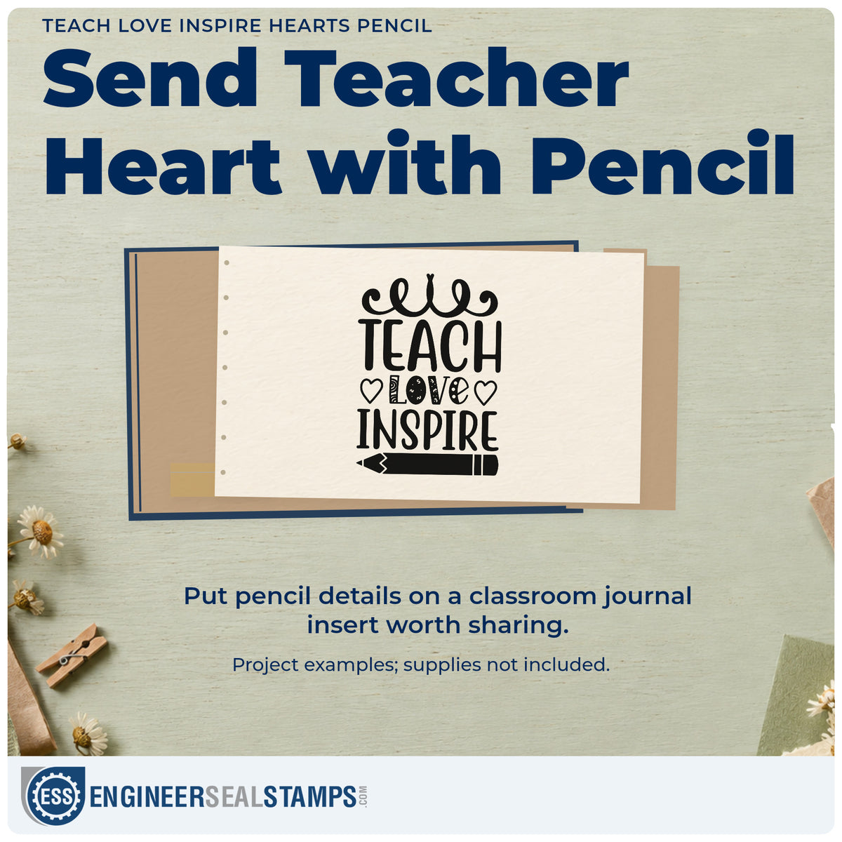 A finished handmade project stamped with the Teach Love Inspire Hearts Pencil Frame Accent Stamp – Wood Handle, ideal for baby shower tags.