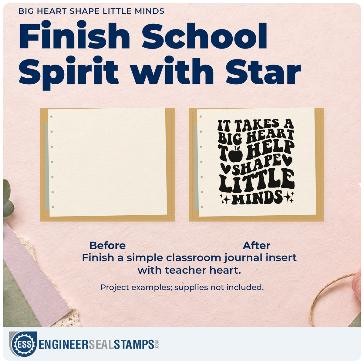 Before and after of a plain item finished with the Big Heart Shape Little Minds Slim Pre-Inked Stamp, a quick upgrade for progress pack seals.