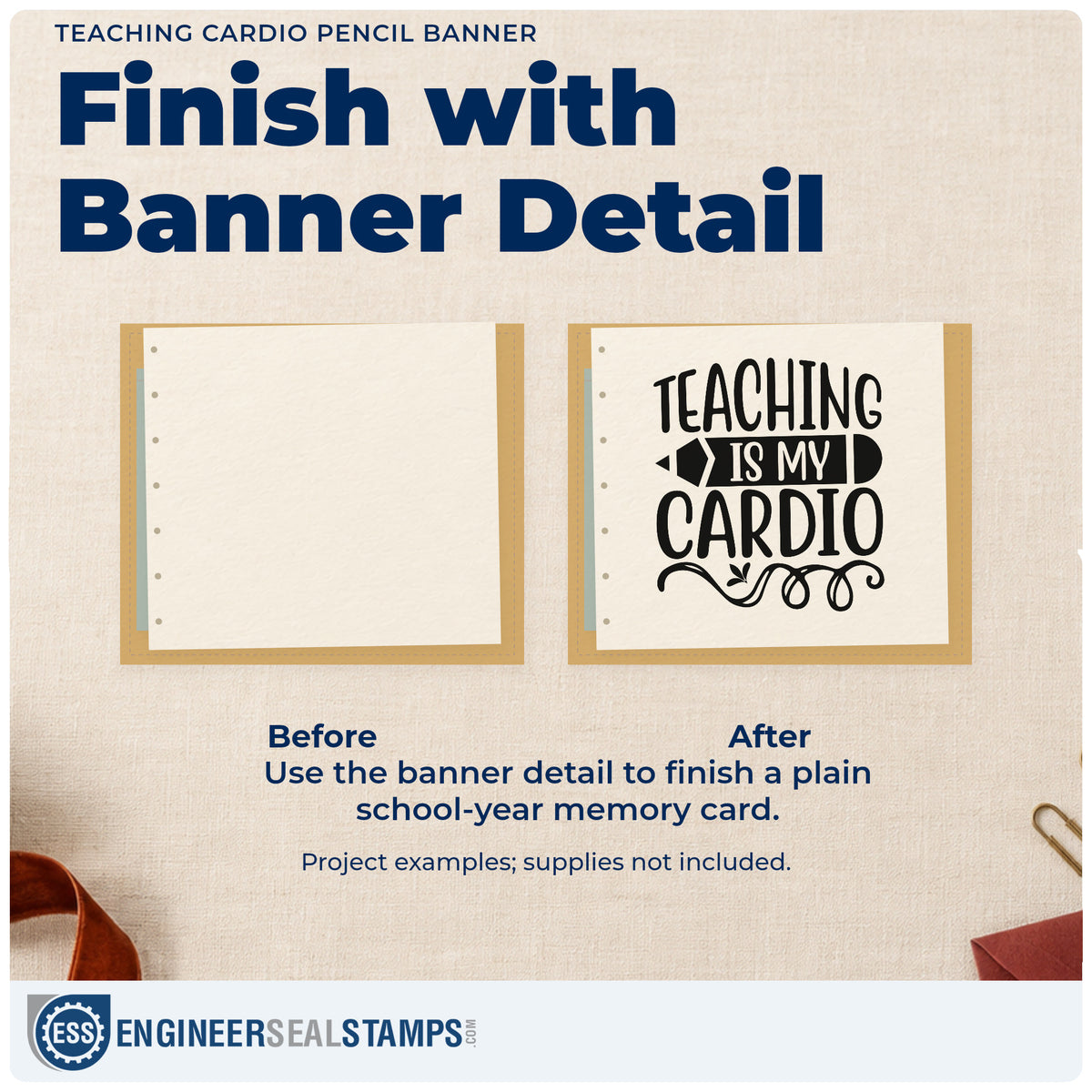 Before and after of a plain item finished with the Teaching Cardio Pencil Banner Rubber Stamp – Wood Handle, a quick upgrade for fixture pack seals.