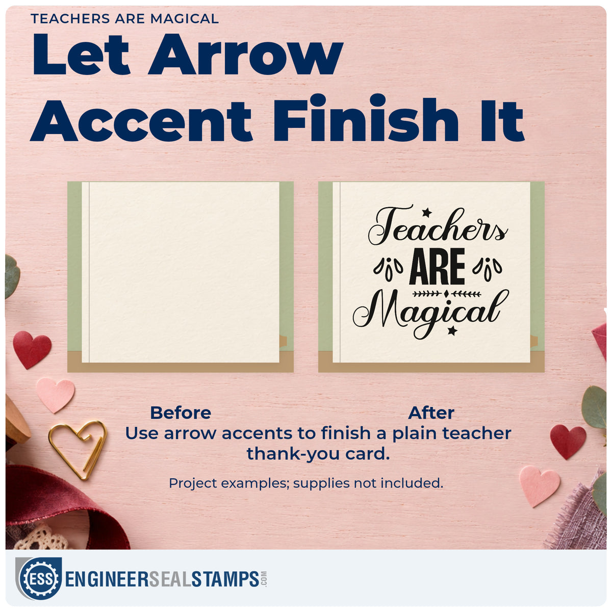 Before and after of a plain item finished with the Teachers Are Magical Leaf Accents PSI Pre-Inked Stamp, a quick upgrade for invite scroll seals.