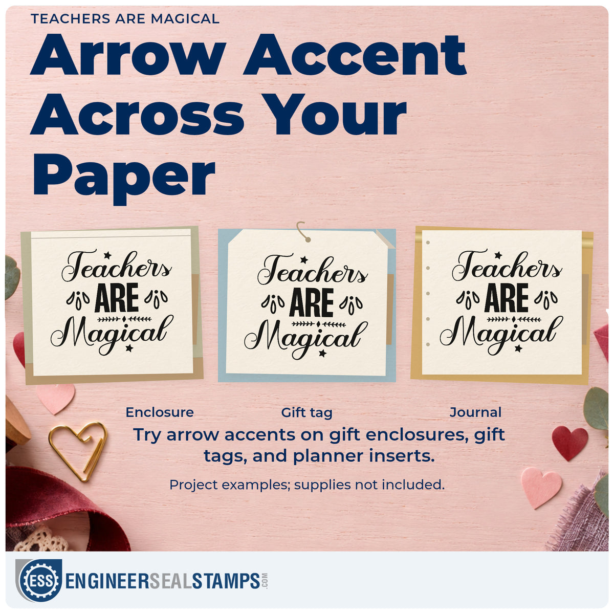 Three project examples made with the Teachers Are Magical Leaf Accents Stamp – Wood Handle, including potion jar labels.