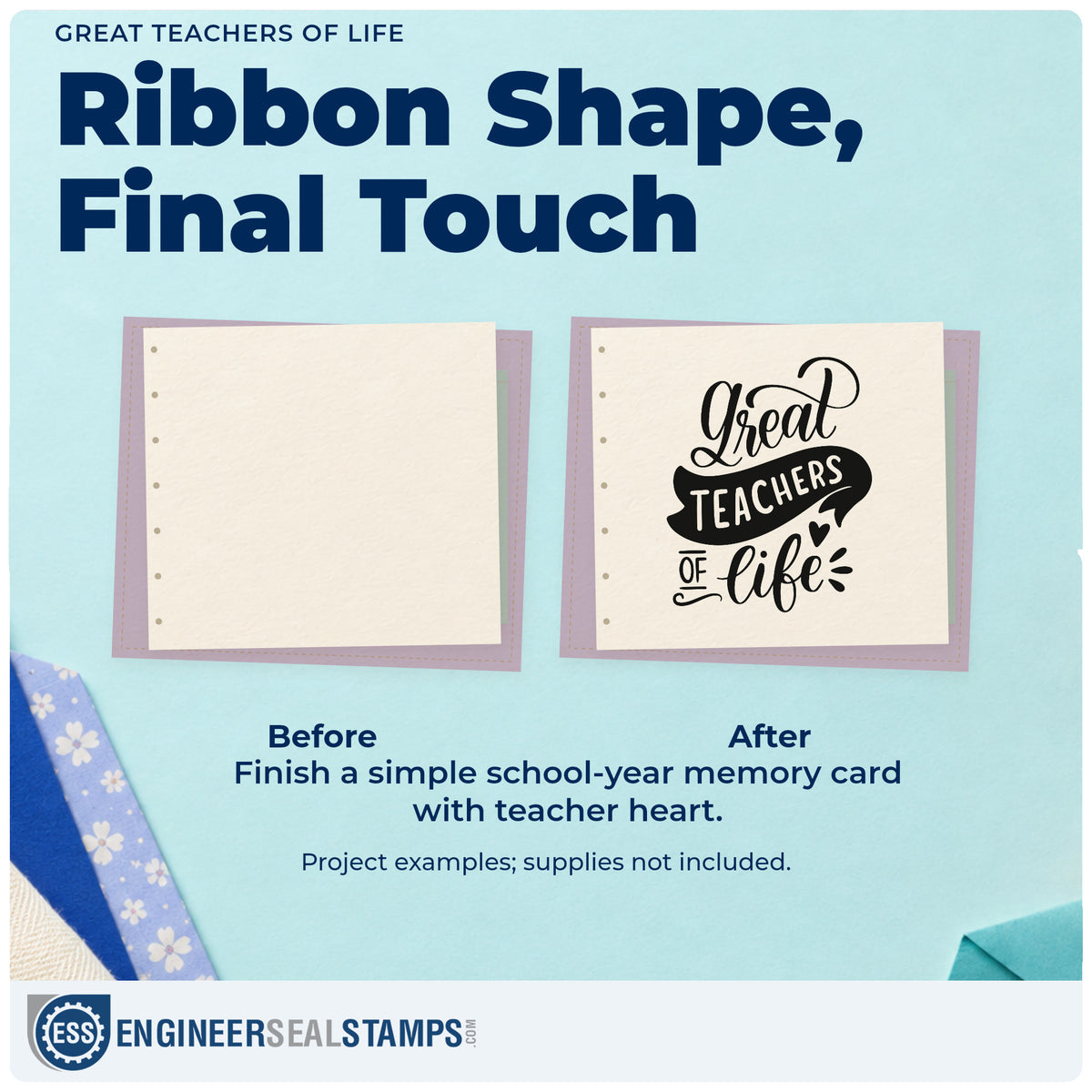Before and after of a plain item finished with the Great Teachers Of Life Rubber Stamp – Wood Handle, a quick upgrade for thanks card seals.