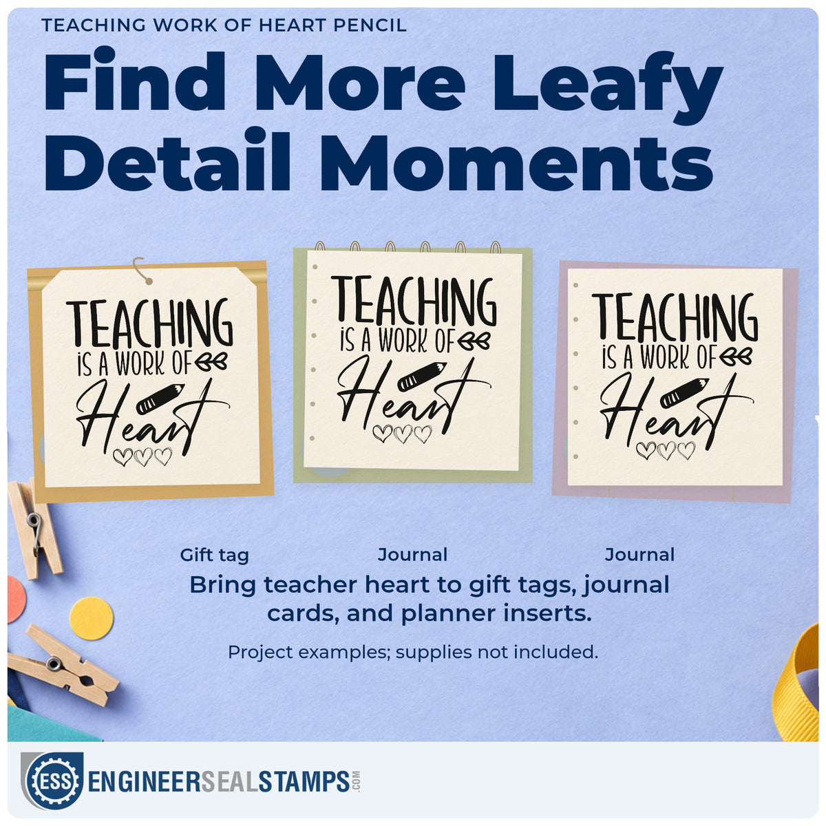 Three project examples made with the Teaching Work Of Heart Pencil Hand Stamp – Duo, including trio tin labels.