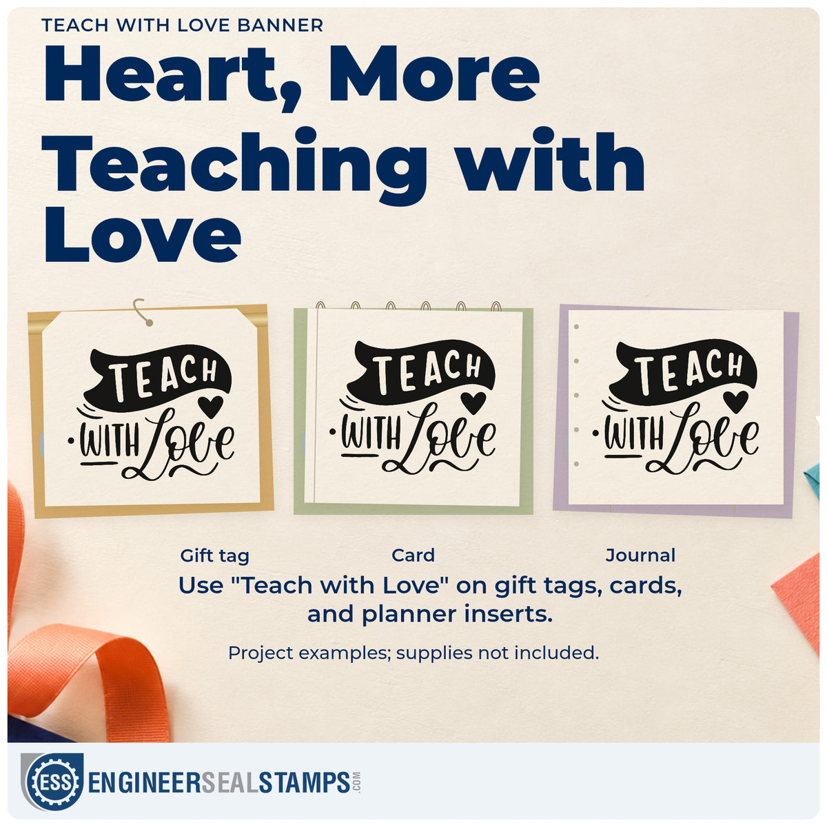 Three project examples made with the Teach With Love Pre-Inked Stamp – PSI, including jam jar labels.