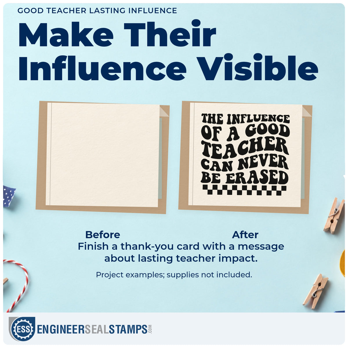 Before and after of a plain item finished with the Teacher Influence Cannot Be Erased Checkerboard Wood Handle Stamp, a quick upgrade for ticket roll seals.